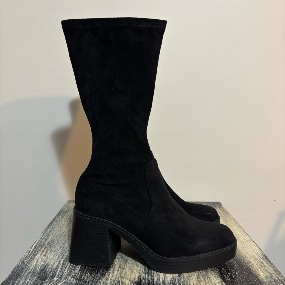 Lulus Black Suede Chunky Heeled Boots | Womens Size 9